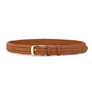 Close-up of brown braided hemp rope belt with gold metal buckle and leather details