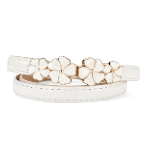 Detail of white patent leather skinny belt with golden enamel flower buckle and stitching