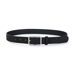 Detail view of black matte leather belt featuring a classic silver square pin buckle