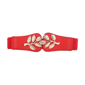 Red elastic waist belt for dresses featuring a golden leaf-shaped metal buckle design