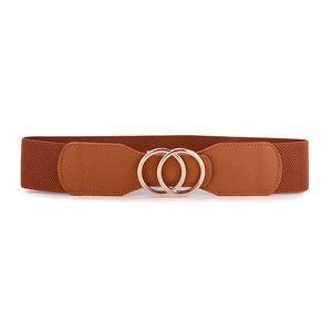 Détails de ceinture élastique marron avec double boucle dorée et pièces en cuir