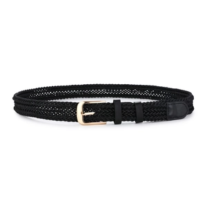 Close-up of black woven belt with polished gold alloy buckle and leather details