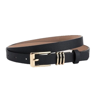 Minimalist black faux leather belt for women featuring a textured finish and golden buckle