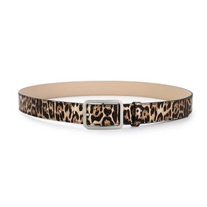 Detail of trendy leopard print belt with silver rectangular buckle on white background