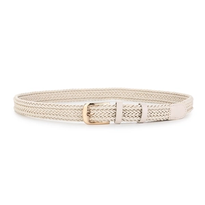 Detail of off-white braided rope belt with golden buckle and leather end for casual wear