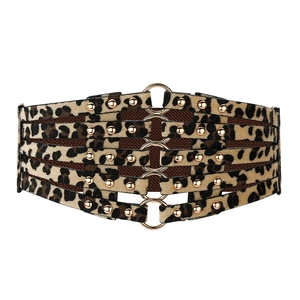 Détail d'une large ceinture léopard avec rivets dorés et anneaux métalliques