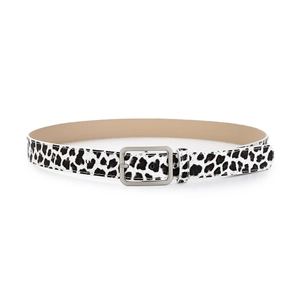 Detailed view of leopard print belt with silver square buckle and faux fur texture