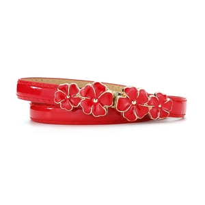 Detail of red patent leather skinny belt with four gold-edged enamel plum blossom flowers
