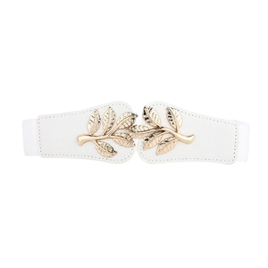 Detail of white elastic waist belt featuring a decorative golden leaf buckle design