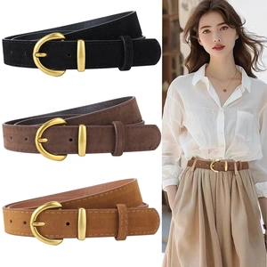 Women Retro Faux Suede Belt With Gold Metal Pin Buckle Elegant Simple Solid Color PU Leather Waist Strap For Dress Jeans