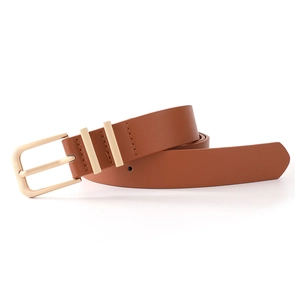 Close-up of brown leather belt with gold square buckle and dual metal loops for jeans