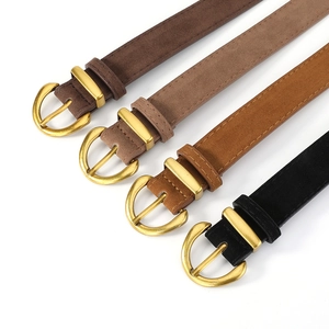 Women's suede belts with gold buckles in coffee, tan, brown, and black colors