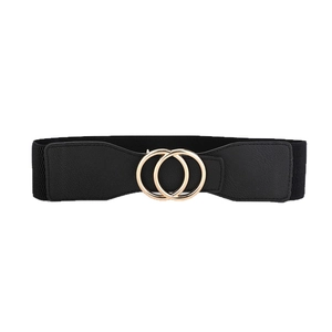 Ceinture élastique pour femme avec boucle double anneau dorée sur cuir noir et tissu
