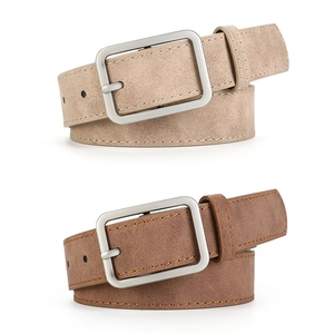 Minimalist vintage matte leather belts in beige and dark brown with silver square buckles
