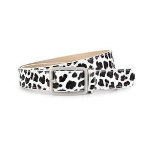 Classic black and white leopard print belt with silver matte square buckle for women