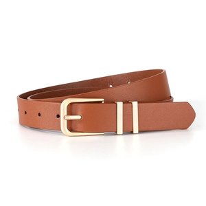 Detail of a brown leather belt with a matte gold D-shape buckle and double rings
