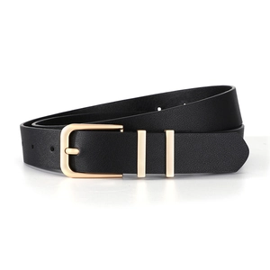 Close-up of black lychee grain leather belt with elegant gold-tone U-shaped pin buckle