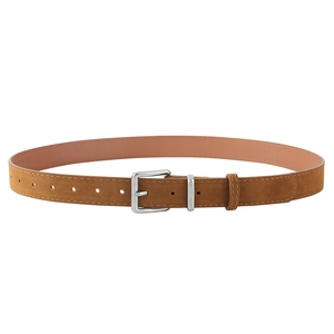 Close-up of brown suede belt featuring a vintage silver needle buckle and detailed stitching