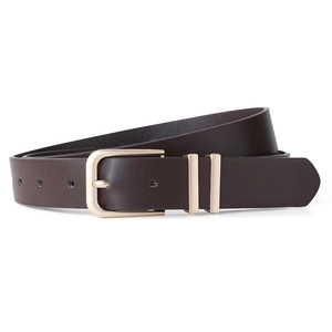 Minimalist dark brown leather belt with elegant matte gold U-shaped buckle and double rings