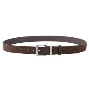 Detailed macro view of brown suede leather belt featuring a brushed silver square buckle