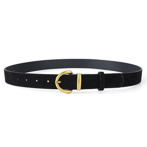 Minimalist black suede belt for women with vintage golden horseshoe buckle for jeans