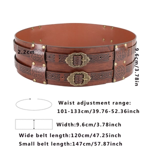 Close-up of brown medieval belt with Celtic embossed patterns and metal buckles