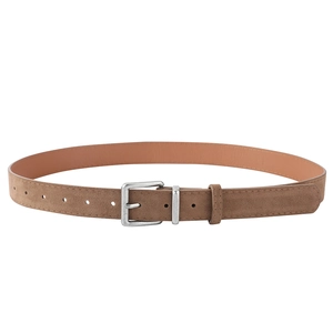 Vintage brown faux suede belt with matte silver square buckle for dresses and jeans