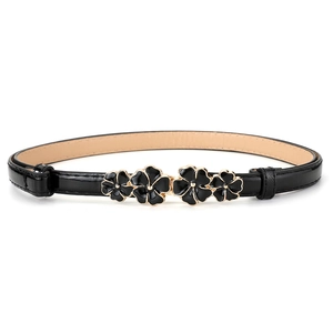 Slim black patent leather belt for women featuring a gold flower buckle design