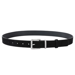 Detail view of black suede leather belt with vintage silver buckle and fine stitching