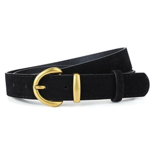 Elegant black faux suede belt for women featuring a vintage gold horseshoe buckle