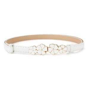 Elegant white skinny leather belt for women featuring a gold-edged plum blossom buckle