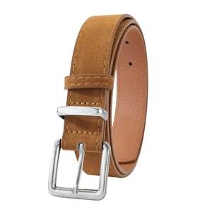 Macro detail of brown suede leather belt featuring silver square buckle and stitching