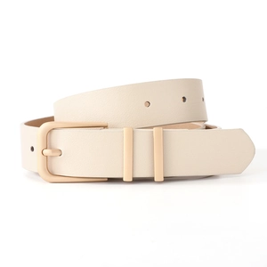 Minimalist cream leather belt for women featuring a matte gold pin buckle and double loops