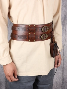 Detail of Viking style embossed leather belt with Nordic patterns and matching pouch