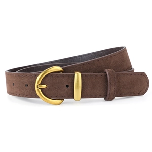 Minimalist dark brown suede leather belt featuring a golden horseshoe metal buckle