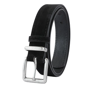 Detail view of black suede leather belt featuring a vintage silver buckle and neat stitching