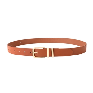 Brown leather belt for women with elegant golden rectangle buckle and double metal loops