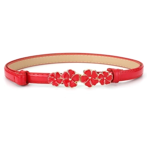 Slim red patent leather waist belt for women with elegant red enamel flower buckle