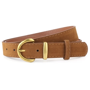 Vintage brown faux suede belt with gold semi-circle metal buckle for women's trousers