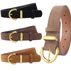 Minimalist matte suede leather belts for women with vintage gold D-buckles in four colors