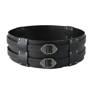 Medieval Viking leather waist belt with embossed Celtic patterns and bronze buckles