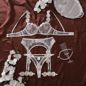 Detail of white sheer mesh lingerie with daisy embroidery and a size S tag
