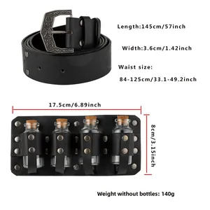 Detailed size chart of medieval viking leather belt and potion pouch with engraved buckle