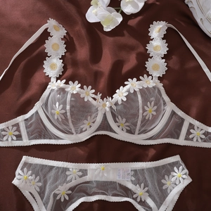 Close-up of white daisy floral embroidery on sheer mesh lingerie with s-size care label
