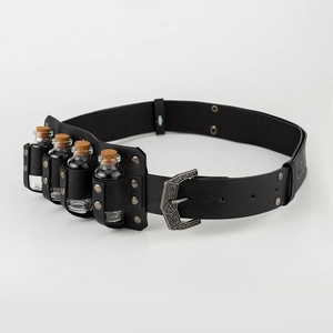 Close-up of medieval Viking knight belt with four glass potion bottles and silver buckle