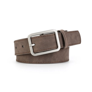 Cintura classica in pelle smerigliata marrone scuro con fibbia in metallo spazzolato