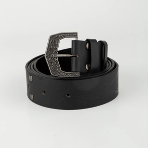 Detail of medieval Viking belt with embossed pentagram buckle and silver studs