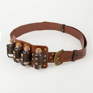 Detail of medieval viking belt with brown leather straps and four glass potion bottles