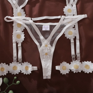 Close-up of white mesh lingerie set with yellow daisy embroidery and garter details