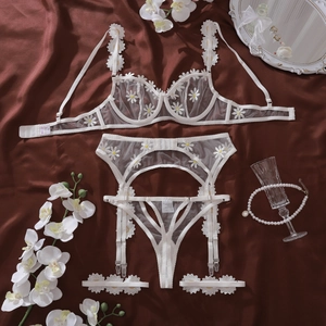 Detailed close-up of white sheer mesh lingerie set with daisy embroidery and lace details